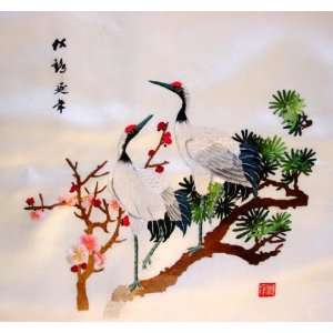    Chinese Hunan Hand Silk Embroidery Bird Crane Tree 