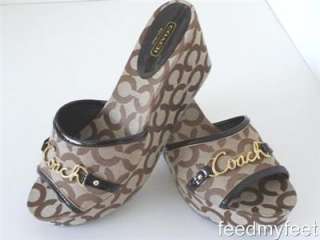 Coach Carissa Brown Khaki Signature Op Art Gold Sandals Wedges Shoes 