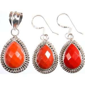 Faceted Redstone Pendant with Matching Earrings Set   Sterling Silver