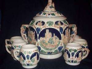 German Castles on the Rhine Soup Wine Beer Tureen w/6 Cups Excellent 