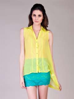 NEW Women Sheer Button Up Sleeveless High Low Blouse Top Neon Yellow 