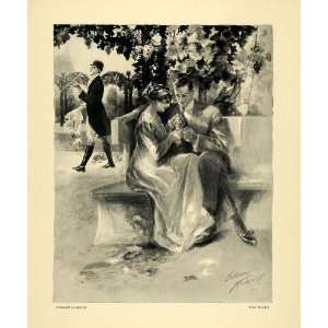 1911 Print Sour Grapes Couple Romance Flower Bouquet Bench Garden Art 