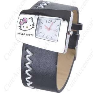   Kitty Wide Wrist Band Black Color Watch + Promo Hello Kitty Charm