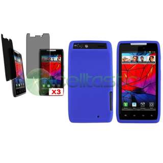 Blue Silicone Skin Soft Case+3x Privacy Protector for Motorola Droid 