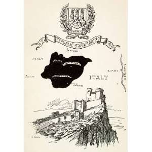  1932 Wood Engraving Map San Marino La Rocca Borgo San Leo 