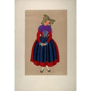  1929 Pochoir Woman Dress Costume Bitschoffen Alsace   Orig 