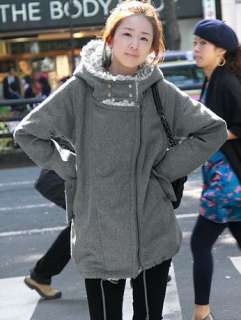 Free S/H Japan Stylish Faux Fur Lined Pocket Gray Coat  