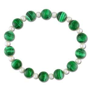   Malachite Bead Set Gemstone Freshwater White Pearl Elastic Bracelet