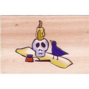 Skull Candle, Raven, Parchment, and Ink Jar Halloween Rubber Stamp by 