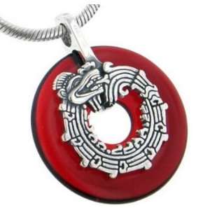  Sterling Silver Coiled Mayan Dragon on Red Glass Donut 