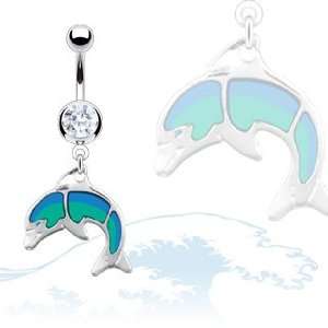 Belly Ring with Gem and Tiffany Glass Dolphin   14G   3/8 Bar Length 