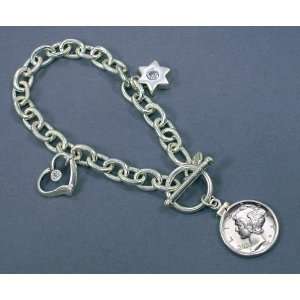  Sterling Silver Mercury Dime Coin Charm Toggle Bracelet 