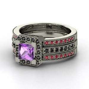 Va Voom Ring, Princess Amethyst 14K White Gold Ring with Black Diamond 