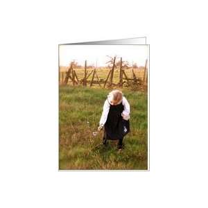  Little Girl Picking Flowers in Green Field at Sunset Card 