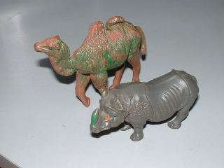 Two Vintage HOLLY PLASTIC ANIMALS, CAMEL & RHINO, 1960s  