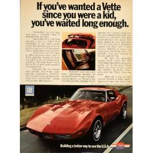 1973 Ad Chevy Corvette V8 C3 New Shark Convertible Car   Original 