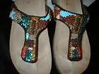 WHITE MOUNTAIN SANDALS, THONG WEDGE BEADED SEQUIN DESIG