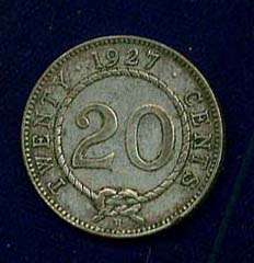 SARAWAK BROOKE AS RAJA 1927 H 20 CENTS COIN XF+  