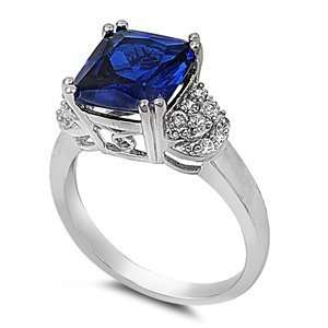 Sterling Silver Royal Engagement Ring with Blue Sapphire and Clear CZ 
