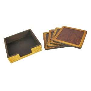  Set Of 4 Snakeskin Texture Leather & Wood Coasters 
