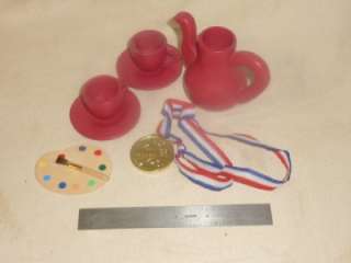 Dolls LOT  red wooden teapot cups saucers dishes paints brush winner 