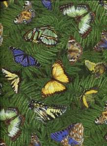 MARIPOSA BUTTERFLIES & GREEN FERNS Cotton Quilt Fabric  