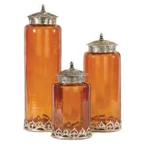 Set of 3 Decorative Contemporary Persian Amber Lidded Canisters 