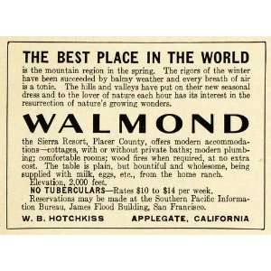  1912 Ad Walmond Lodging Rates Applegate California Placer 