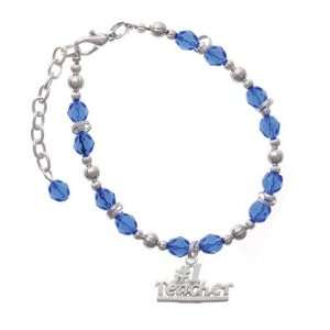  #1 Teacher   Silver Blue Czech Glass Beaded Charm Bracelet 