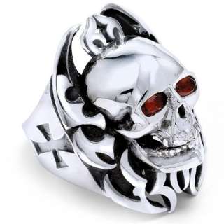 Mens Sterling Silver Skull Gothic Flame Garnet Ring High Polish Finish