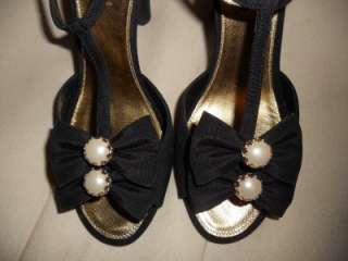   Satin T Strap Sandals Pumps Shoes Double Bow Pearl Detai Black 38.5