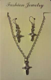 Cross Necklace And Earrings Silver Fashion Jewelry Set Brand New 