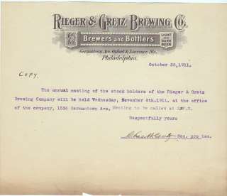 1911 Rieger & Gretz Brewing Co. Letter   Philadelphia  