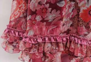 DMY Red Print Floral Deep Double V Neck Chiffon BOHO Full Maxi Dress 