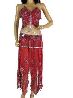 Red Bra Choli Skirt Coin Belly Dancer Costume Set S  