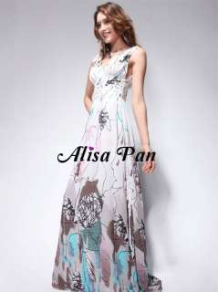 Double V neck Floral Print Chiffon Empire Pleated Prom Dress 09610 