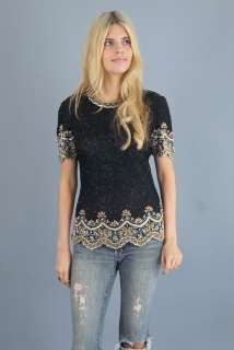 Vtg 80s Black SILK BEADED Sequin Floral BOHO Metallic GLAM DECO 