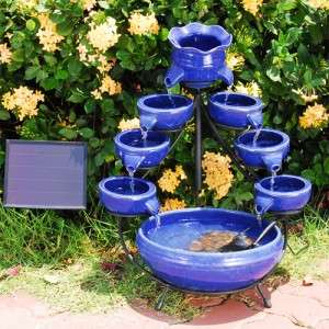 Double Tier Cascade Solar Outdoor Garden Water Fountain Blue  