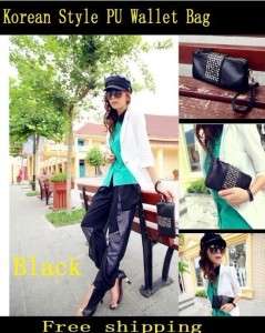 Korean Style PU Leather Rivet Lady Girls Clutch Purse Wallet Bag Black 