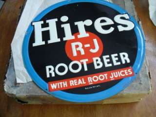   1950s EMBOSSED DISK METAL HIRE ROOT BEER SODA SIGN with paper  
