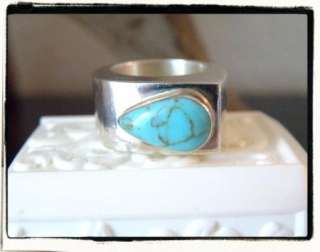 HOB MEXICO SOLID STERLING SILVER 925 TURQUOISE MODERN RING 6  