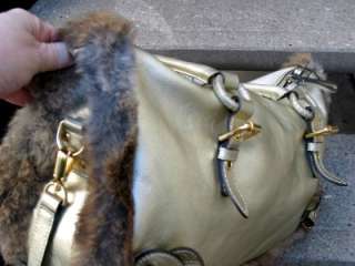 HYPE Gold Leather Fur Trim Bag Handbag Purse Shoulder Bag  
