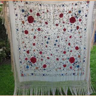 Antique Silk Manton Piano Shawl Cream Silk Floral embroidery 