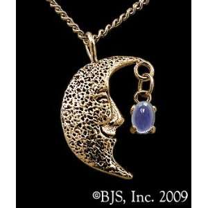 Moon Necklace, 14k Yellow Gold, Iolite set gemstone, Moon Star Jewelry 