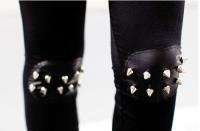 Woman Punk Knee Rivet Studs Spike Faux Leather Patch Leggings Black 