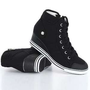 Womens Black White Sporty Sneakers Zip Wedge Heel US5~8  