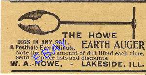 1899 HOWE EARTH AUGER POST HOLE DIGGER AD LAKESIDE IL  