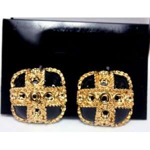 Black Onyx Square Earrings with Ornamental Gold Plated Cross   Clip On 