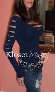 SEXY NAVY SLASH CLEAVAGE CUT OUT SLEEVES OPEN BUST SHIRT TOP LARGE 