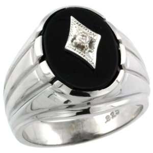 Sterling Silver Mens Oval Black Onyx & Solitaire Diamond Ring w/ 0.05 